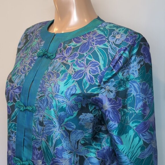 Vintage 80s Asian Blazer Jacket Satin Floral Frog Button Mandarin Collar Teal - Picture 3 of 11